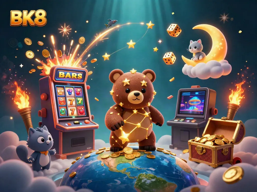 Experience the thrill of BK8 with a vibrant 3D illustration of casino action and fortune.