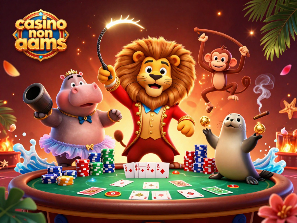 Scopri i casino non AAMS con una vivace illustrazione di un leone che dirige un circo e scommesse dinamiche.