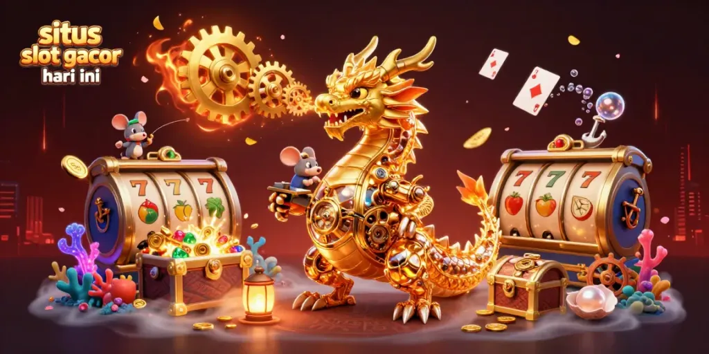 Bermain di situs slot gacor hari ini dengan naga emas dan roda slot yang mengesankan.