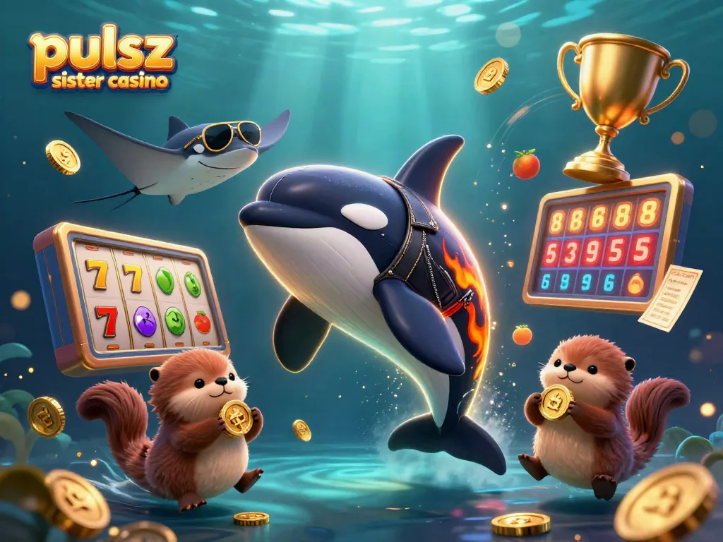 Pulsz sister casino showcases dynamic gaming with an orca, stingray, and otters amid rich casino elements.