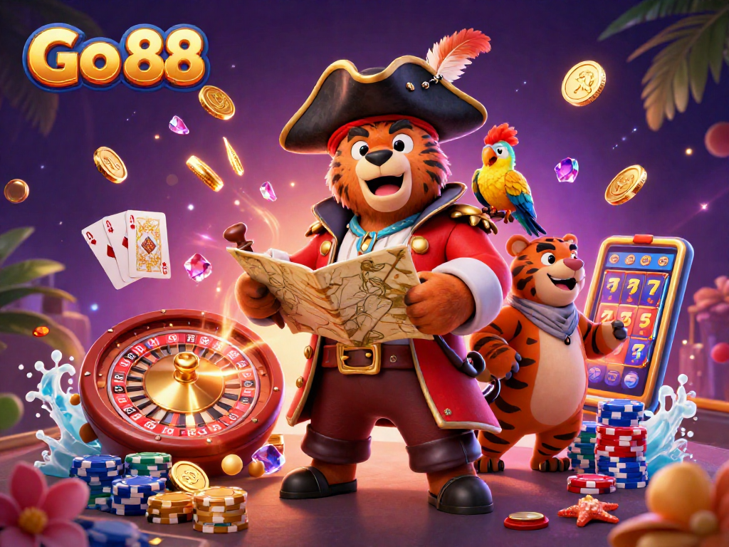 Experience the excitement at Go 88 with vibrant 3D pirate-themed casino illustration