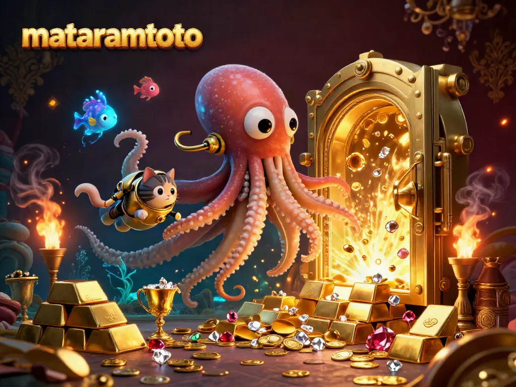 Experience the thrill of treasure hunting with mataramtoto, featuring a colossal kraken, a diving cat, and striking treasures.