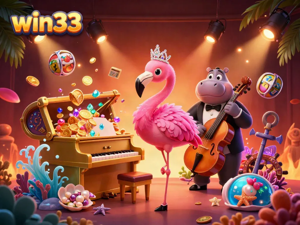 Win33 presents a vibrant casino scene featuring a flamingo singer and a hippo bassist with slot symbols and gold treasure.