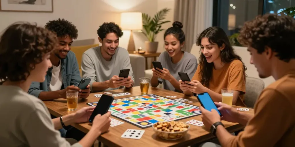 Friends enjoying a spirited game of rumble rummy on mobile devices, surrounded by snacks.