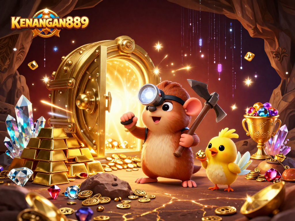 Experience thrilling adventures with KENANGAN889 in a dynamic treasure-filled casino scene.