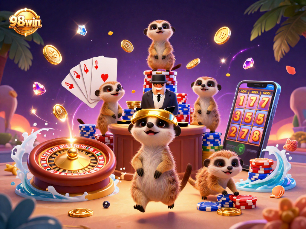 Experience the vibrant energy of 98win's cartoon meerkat casino scene with dynamic gaming elements.