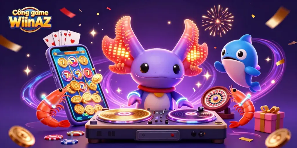 Cổng game WIinAZ shines with vibrant characters celebrating at a dazzling casino scene.