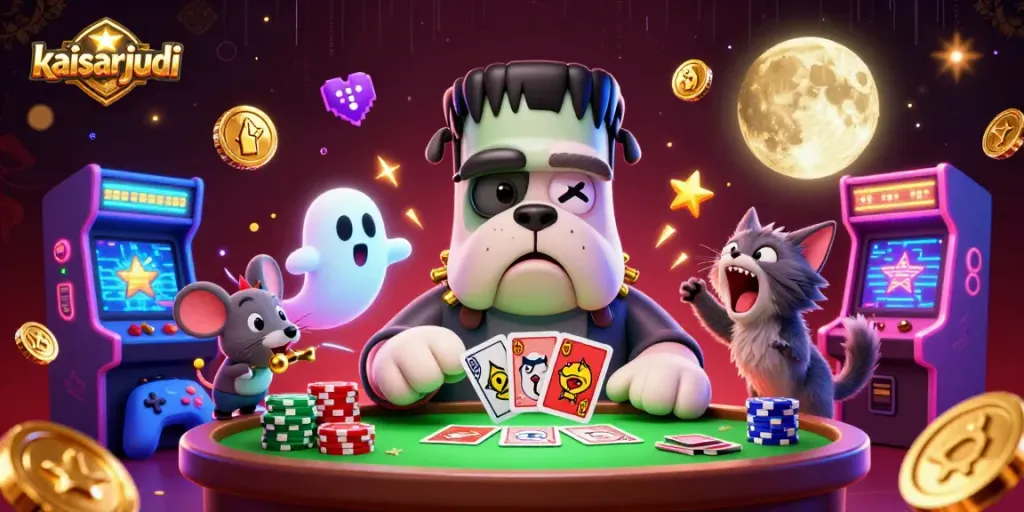 Kaisarjudi ambiance captures a playful scene with a Frankenstein bulldog and a full moon, epitomizing casino thrills.