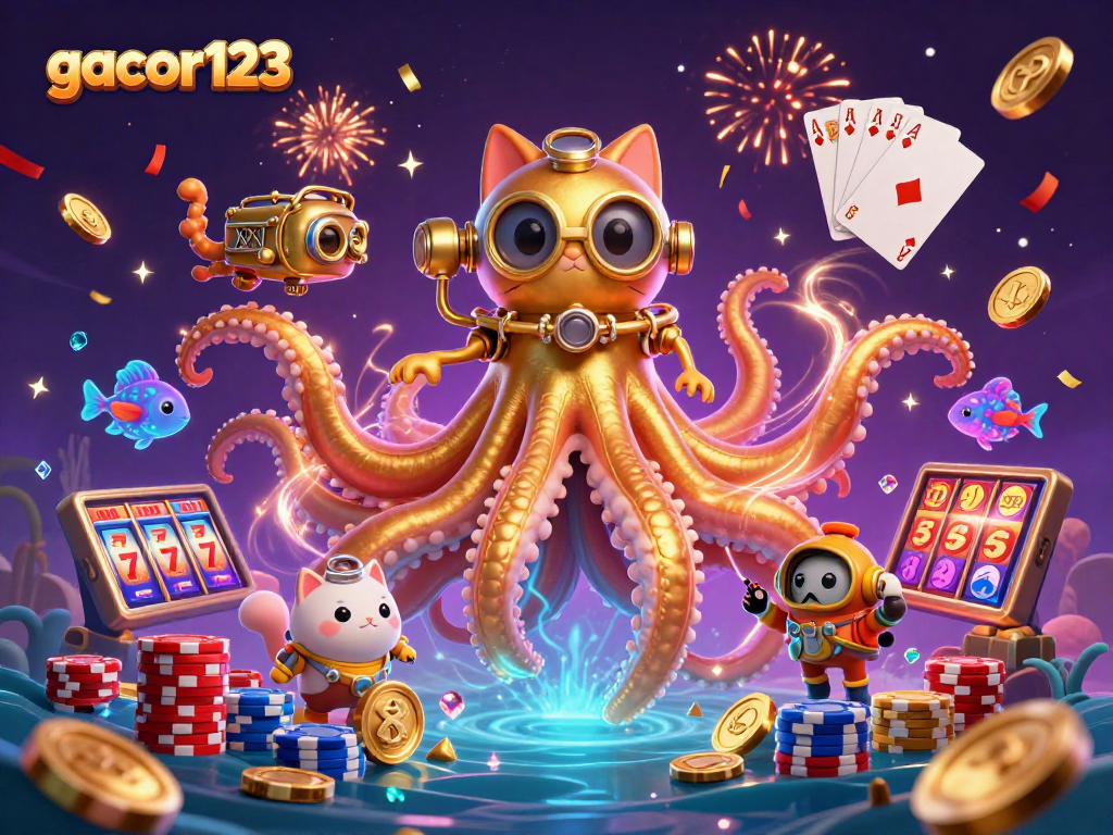 Experience thrilling winnings at gacor123 with vibrant casino elements and a colorful kraken scene.