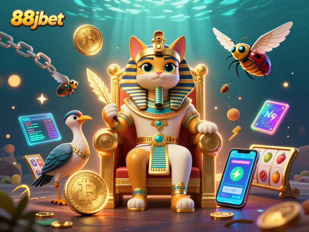 Engage with the vibrant 88jbet world, showcasing a cartoon pharaoh cat amidst dazzling casino symbols.