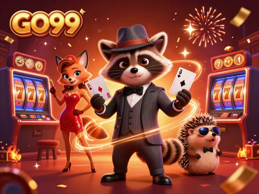Engage in thrilling gameplay with GO99, featuring a suave raccoon and fox at a vibrant casino scene.