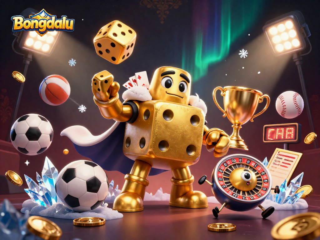 Bongdalu showcases golden dice characters amidst vibrant sports elements, promoting excitement in gaming.