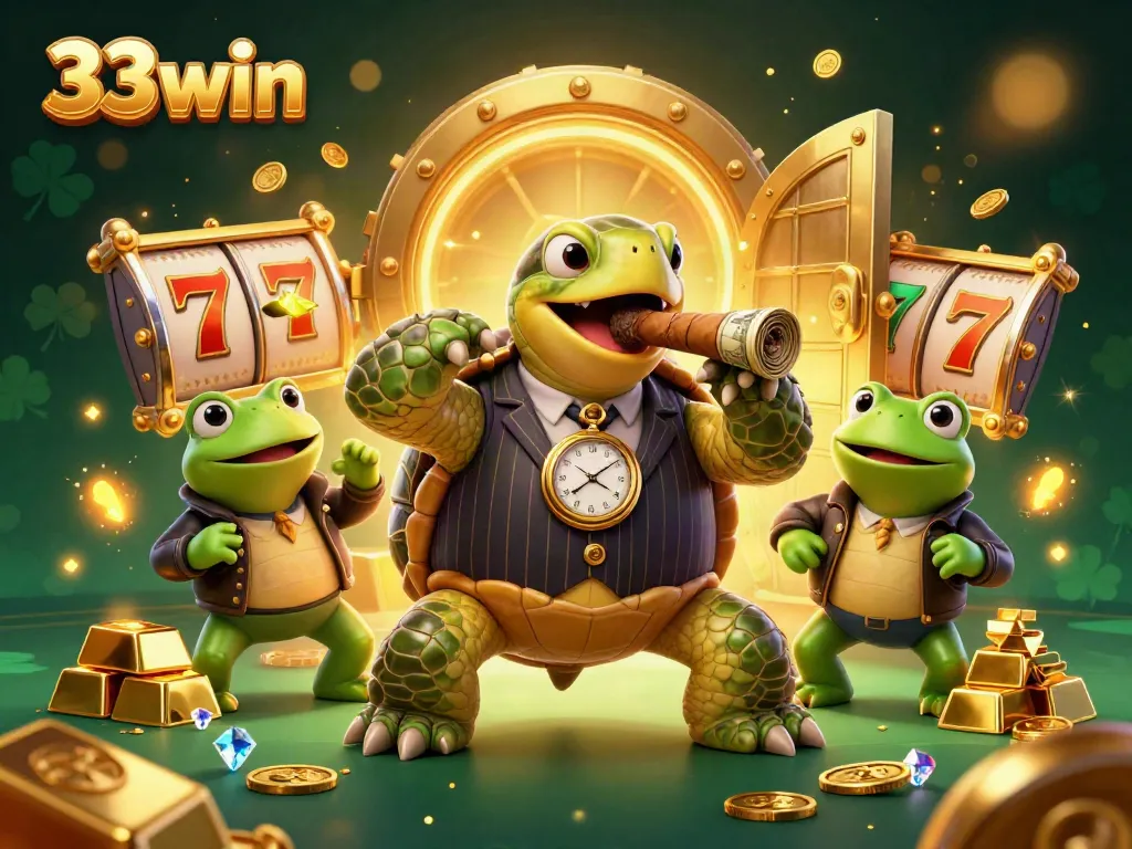 Engage with the vibrant world of 33win, featuring a mobster turtle and bullfrog enforcers amid casino treasures.