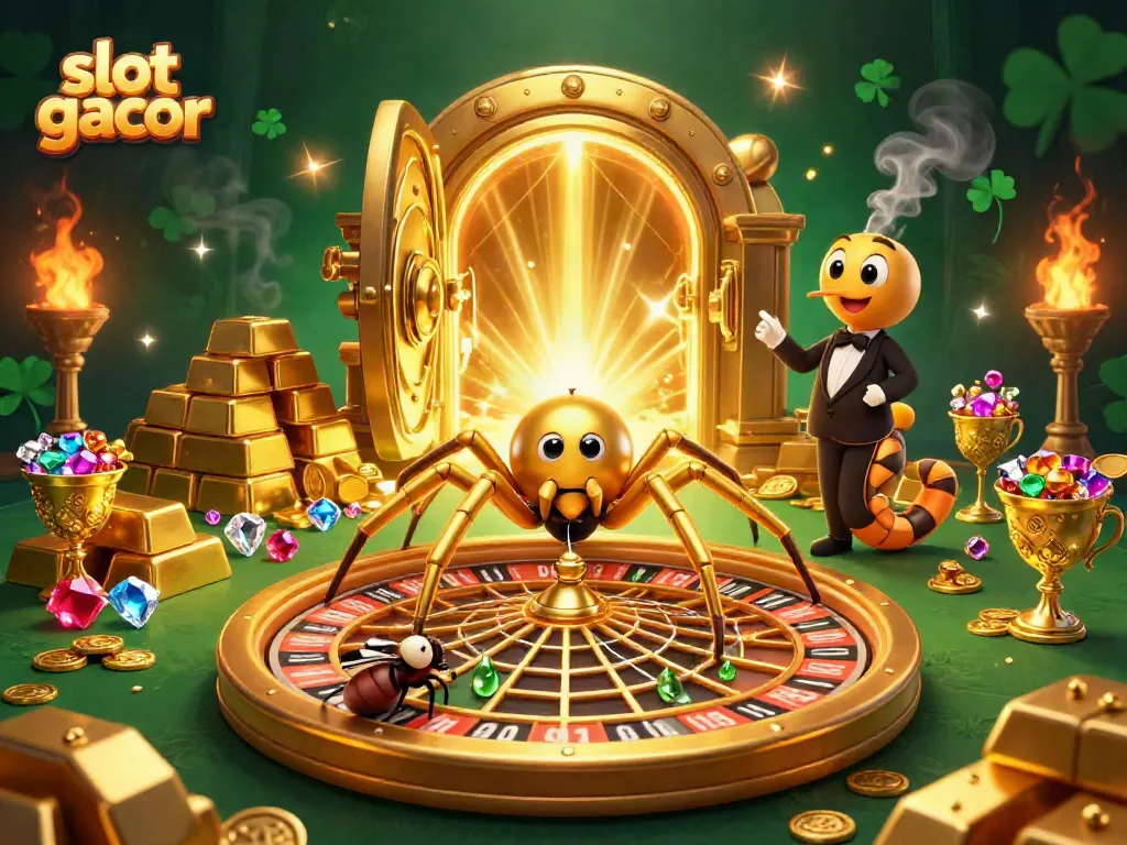 Engage with slot gacor action as the golden spider spins a roulette wheel web in a rich casino scene.