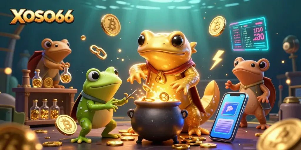 XOSO66 showcases a lively scene with golden salamander alchemist and crypto elements, engaging online gamblers.