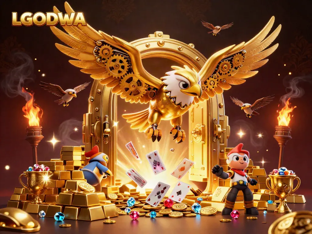 Engage with LGODEWA's cinematic gaming experience featuring a golden eagle amidst dazzling casino elements.