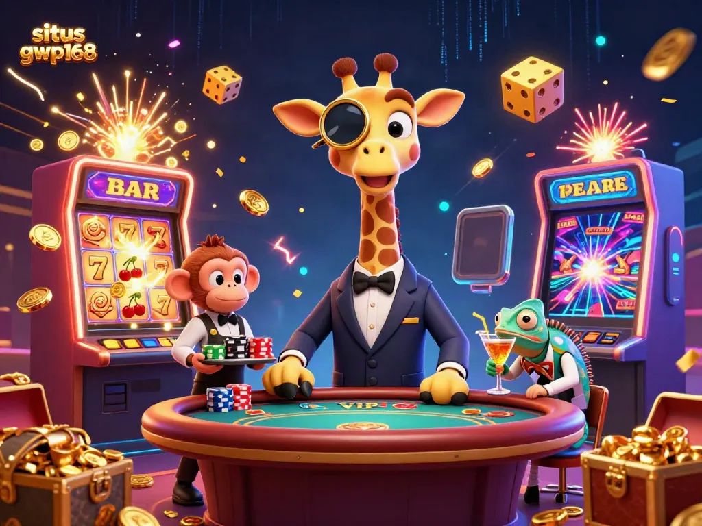 Gambarkan situs gwp168 dengan permainan slot dan karakter unik dalam suasana meriah.