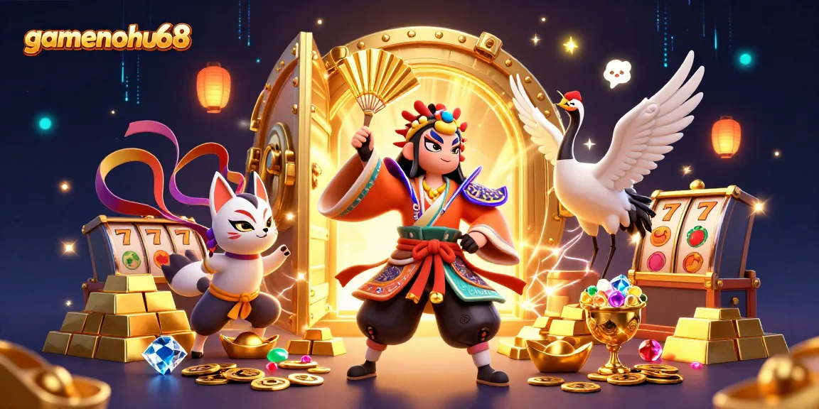 Experience the vibrant gamenohu68 casino world featuring a kabuki warrior amidst slot reels and treasures.