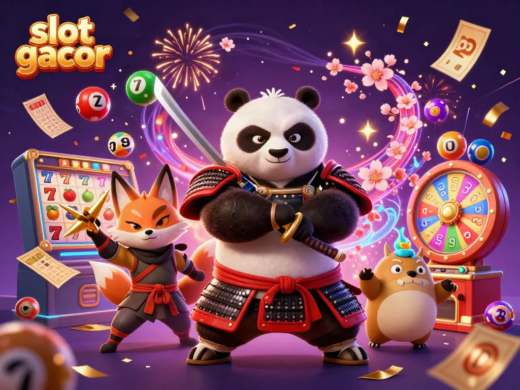 Experience the thrill of slot gacor with a dynamic scene featuring a skilled samurai panda and ninja fox amidst vibrant gaming elements.