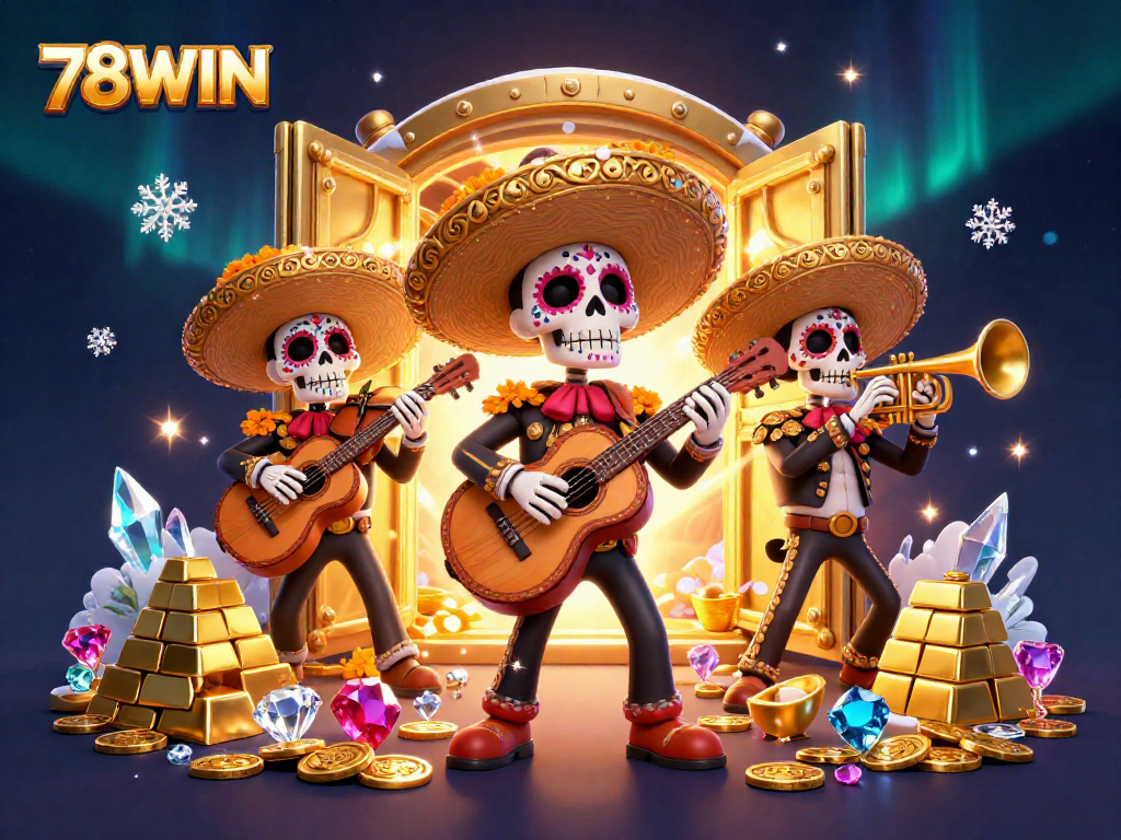 Experience the thrill of 78WIN with a vibrant 3D illustration of festive mariachi skeletons celebrating.