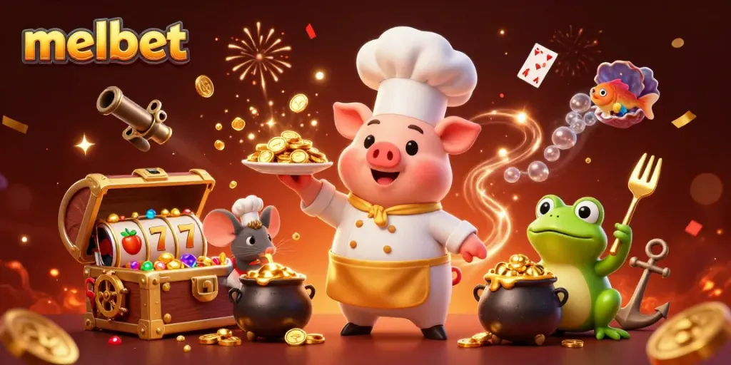 Chef pig serving gold coins in a vibrant Melbet casino scene with gaming elements.