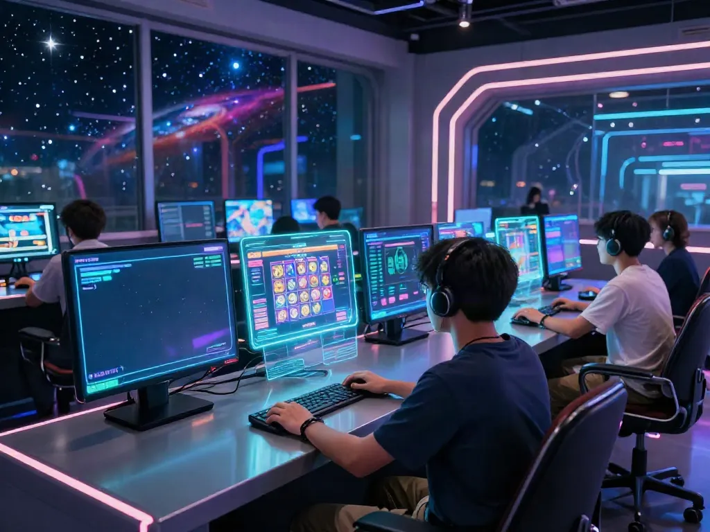 luxury111 players engaged in immersive cosmic gaming experience with holographic screens and vibrant colors.