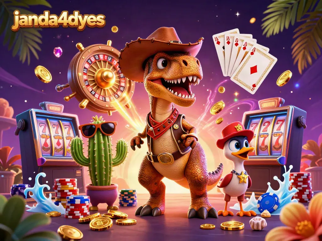 JANDA4DYES memberikan pengalaman taruhan menarik dengan karakter unik seperti T-Rex cowboy, koin emas, dan elemen permainan terbaik.