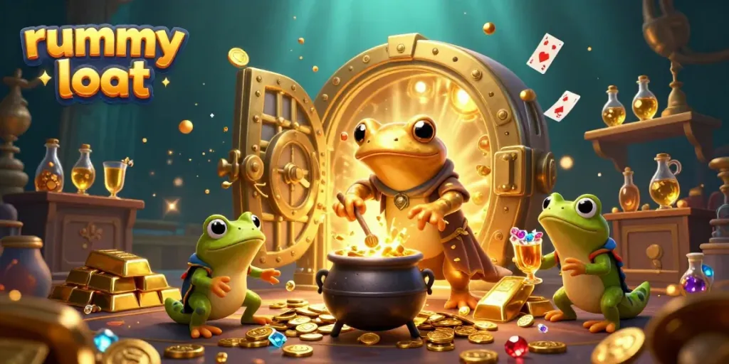 Engage in rummy loot gameplay with characters surrounded by treasures and vibrant elements.