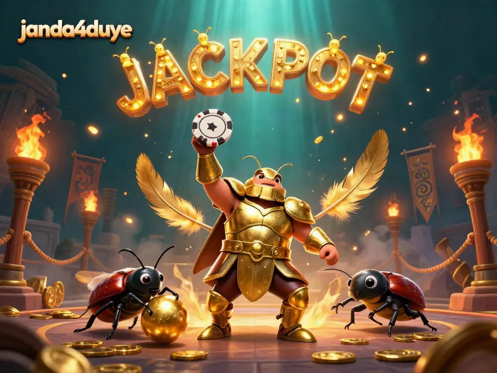 JANDA4DUYE, fitur ilustrasi kasino online dengan karakter menang membawa chip poker.