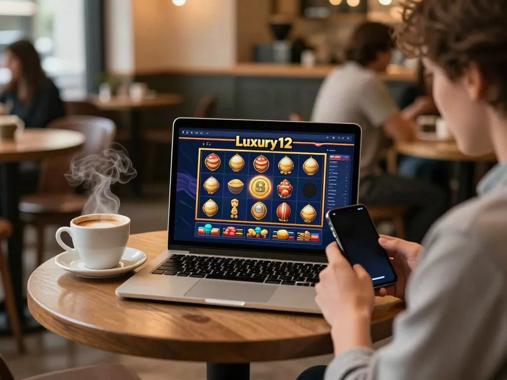 Enjoying luxury12 slot gaming in a cozy café setting with coffee and tech.