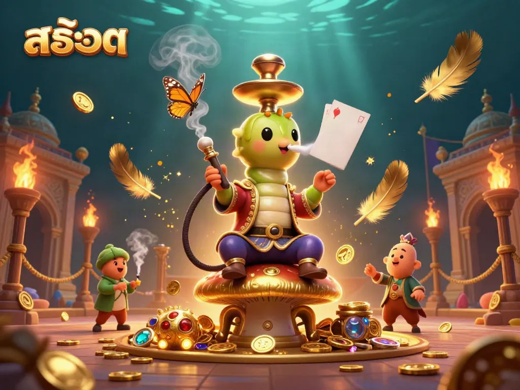 Engage in thrilling สล็อต gaming with a vibrant 3D illustration depicting a caterpillar hookah-master in a lively casino atmosphere.