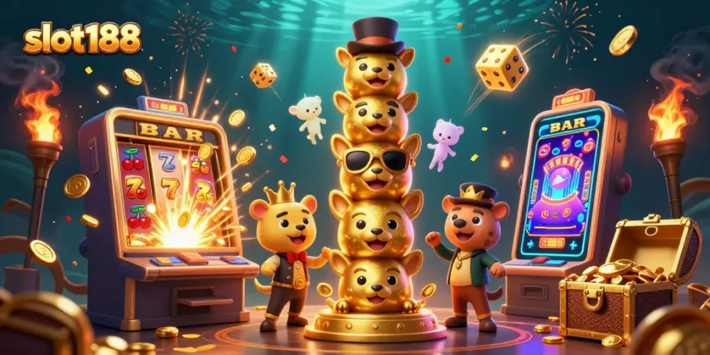 Menangkan jackpot slot188 dengan simbol slot keberuntungan yang berkilauan dalam permainan kasino ini.