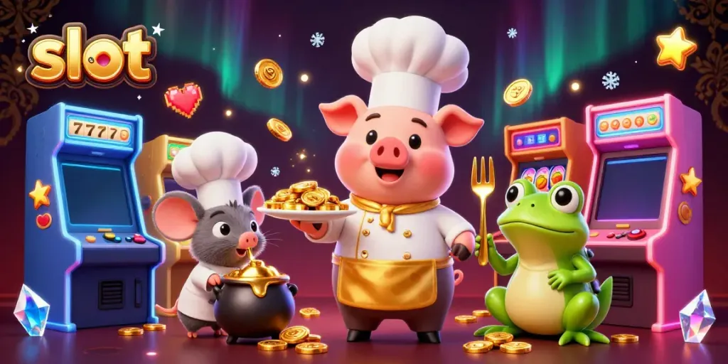 Slot yang menampilkan chef kartun, tikus, dan katak di kasino, dengan slot mesin dan koin emas.