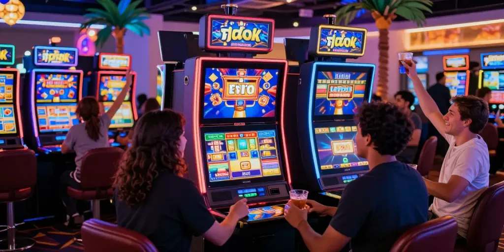 Dynamic gaming scene featuring raja slot machine with excited players celebrating wins.