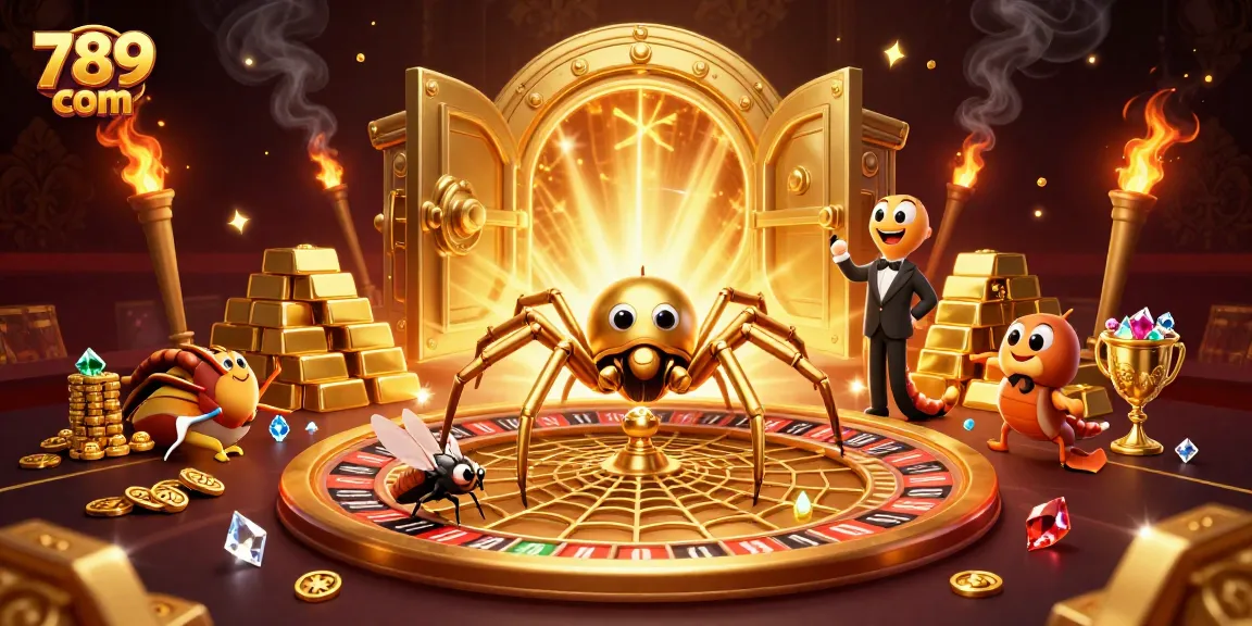 Experience thrilling betting at 789 com with our golden casino adventure featuring a spider and treasures.