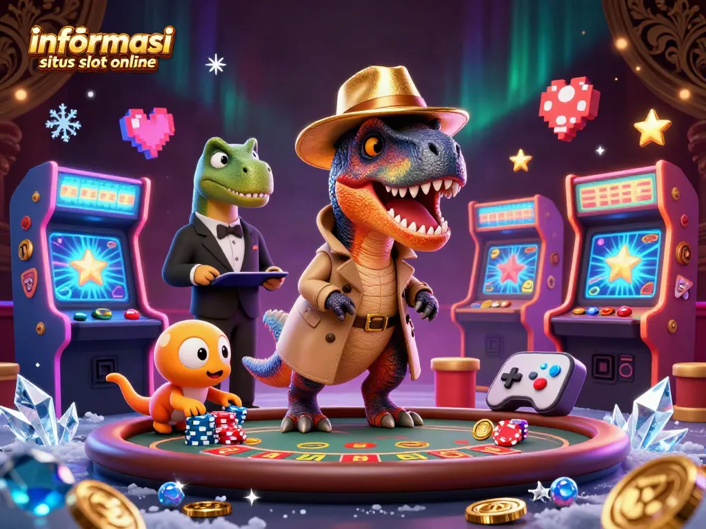 Menangkan informasi situs slot online di kasino dengan gambar kartun yang penuh aksinya.