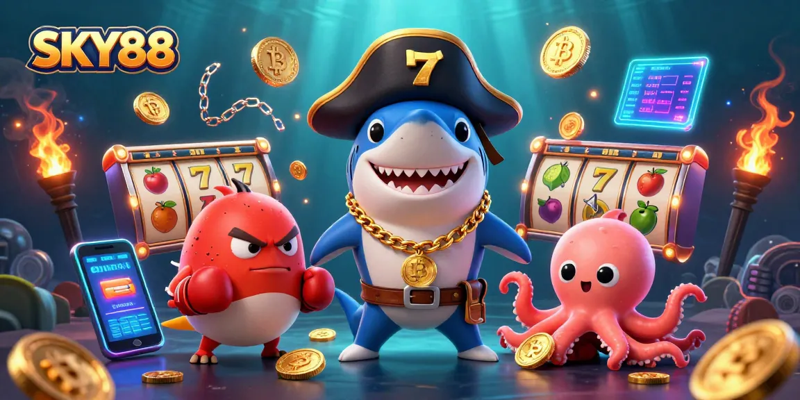 Engage in thrilling slot adventures at SKY88 with vibrant characters and casino elements.