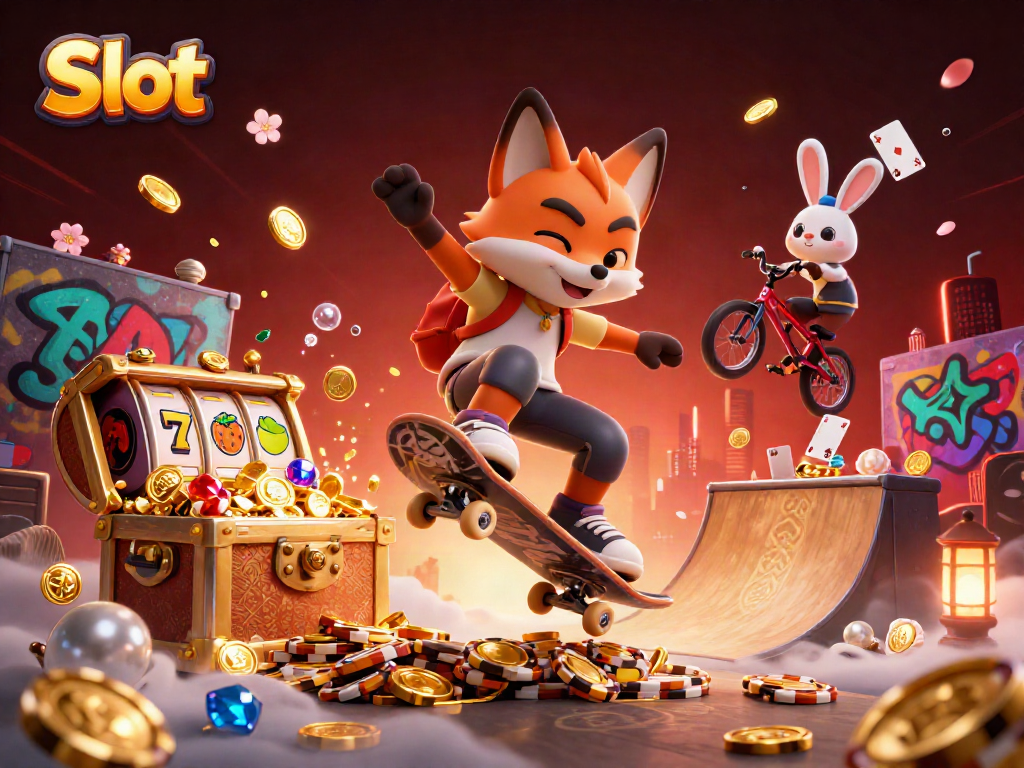 Experience thrilling Slot gaming action with a kickflipping fox and BMX rabbit in a vibrant casino scene