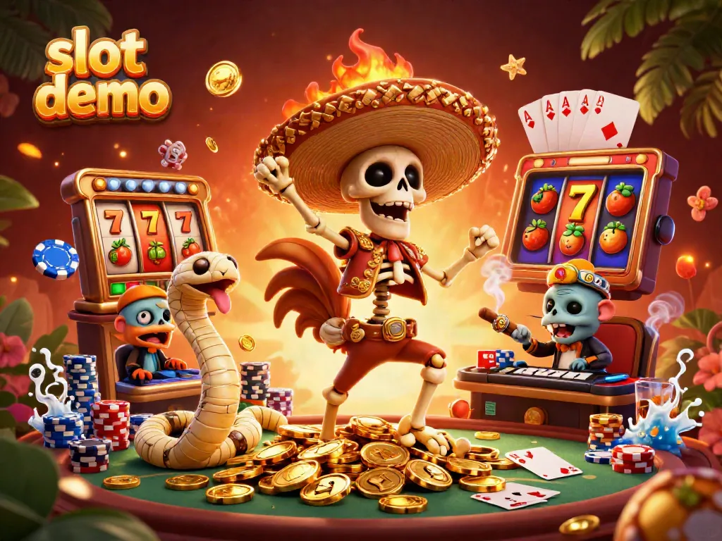 Permainan slot demo menampilkan karakter sambil menari di atas tumpukan koin emas, dikelilingi elemen kasino.