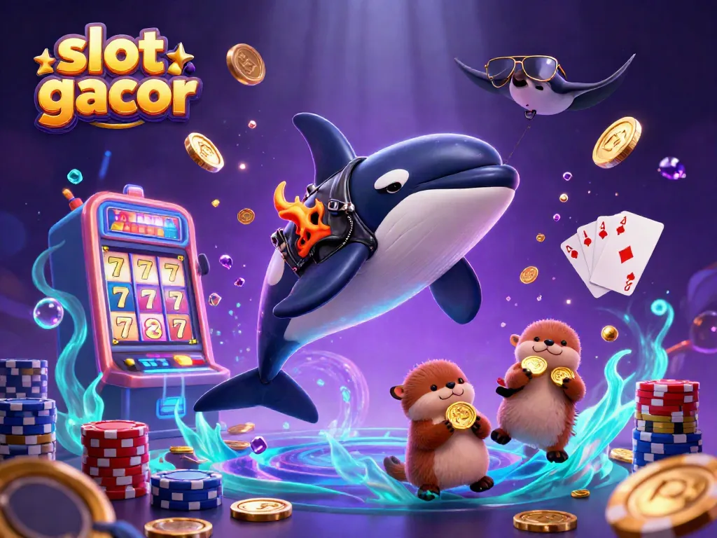 Engage with slot gacor imagery featuring a whale, stingray, and sea otters amidst coins and gems.