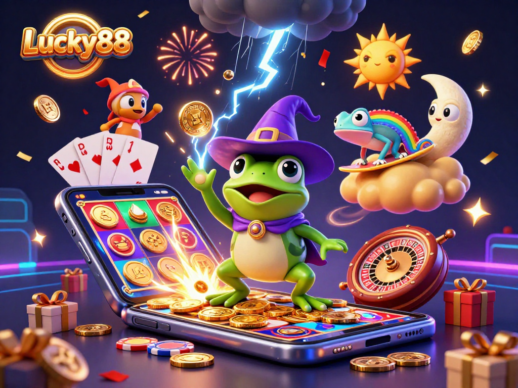 Lucky88 captures thrilling gaming action with vibrant characters and exciting casino elements.