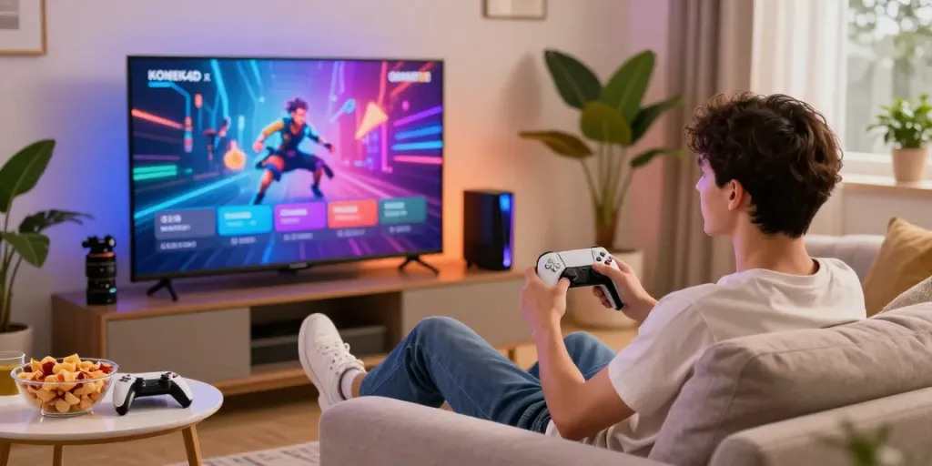 Pengalaman bermain KONEK4D x GRANDBET88 yang nyaman dan menyenangkan di rumah dengan TV besar dan aksesori permainan di sekitar