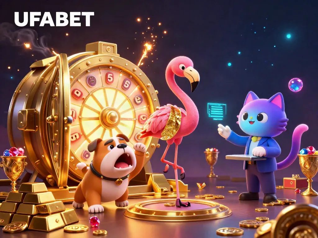 Experience amazing wins with UFABET in a lively casino scene featuring a game show host flamingo, a bulldog contestant, and prizes.