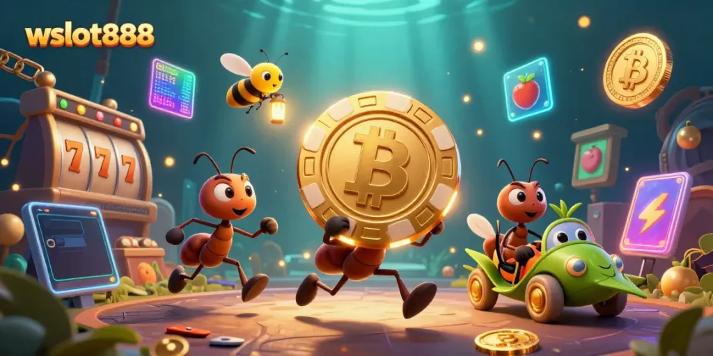 Permainan slot di wslot888, tim karakter 3D yang sedang menjalankan misi heist dengan chip poker emas.