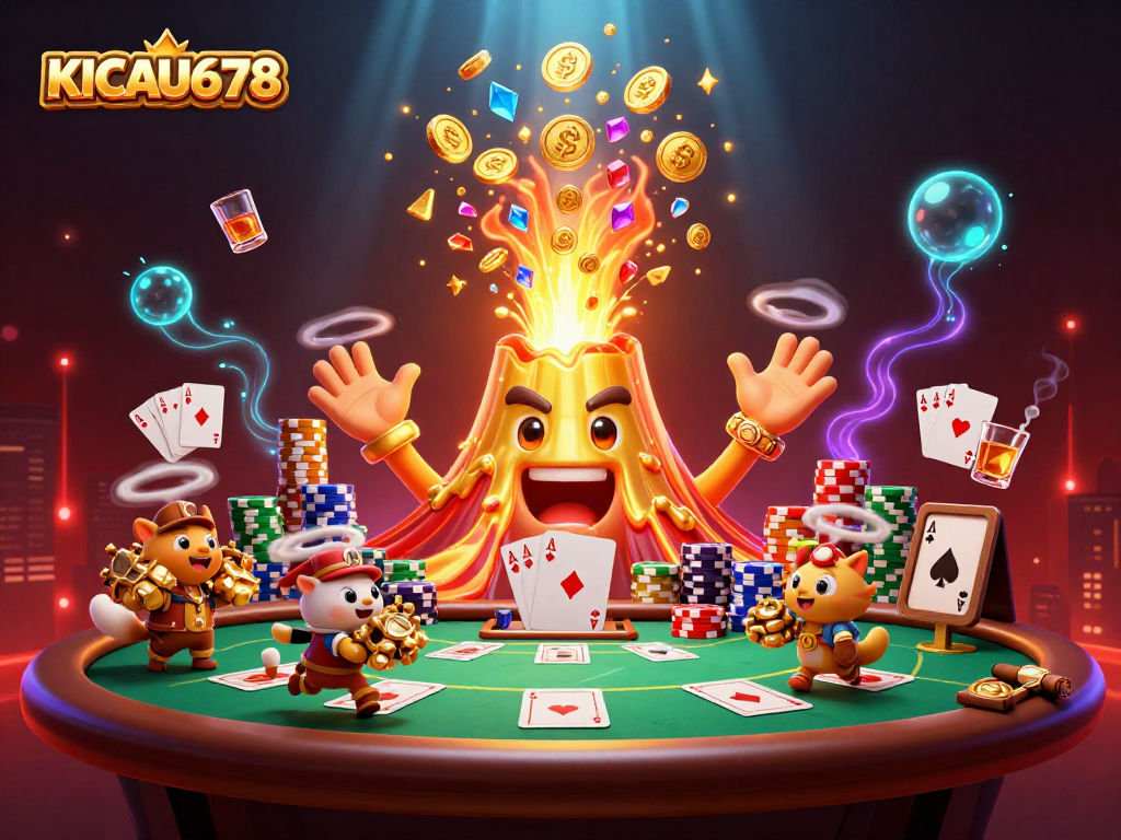 KICAU678 showcases an intense casino scene with a golden volcano erupting treasures and animated characters.