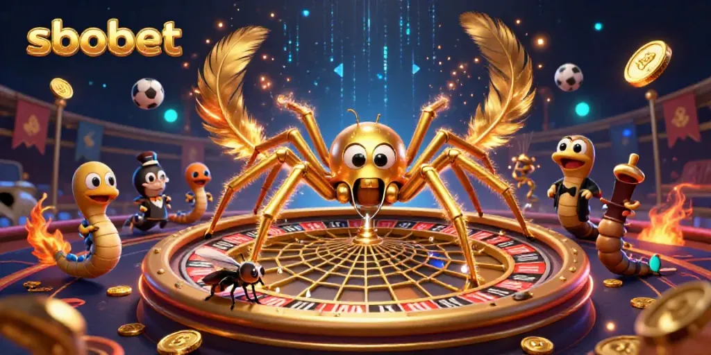 SBOBET's unique betting experience illustrated with a golden spider and animated elements in a vibrant scene.