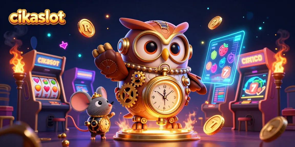 Cikaslot brings vibrant gaming to life with a whimsical owl and mouse amidst colorful casino elements.