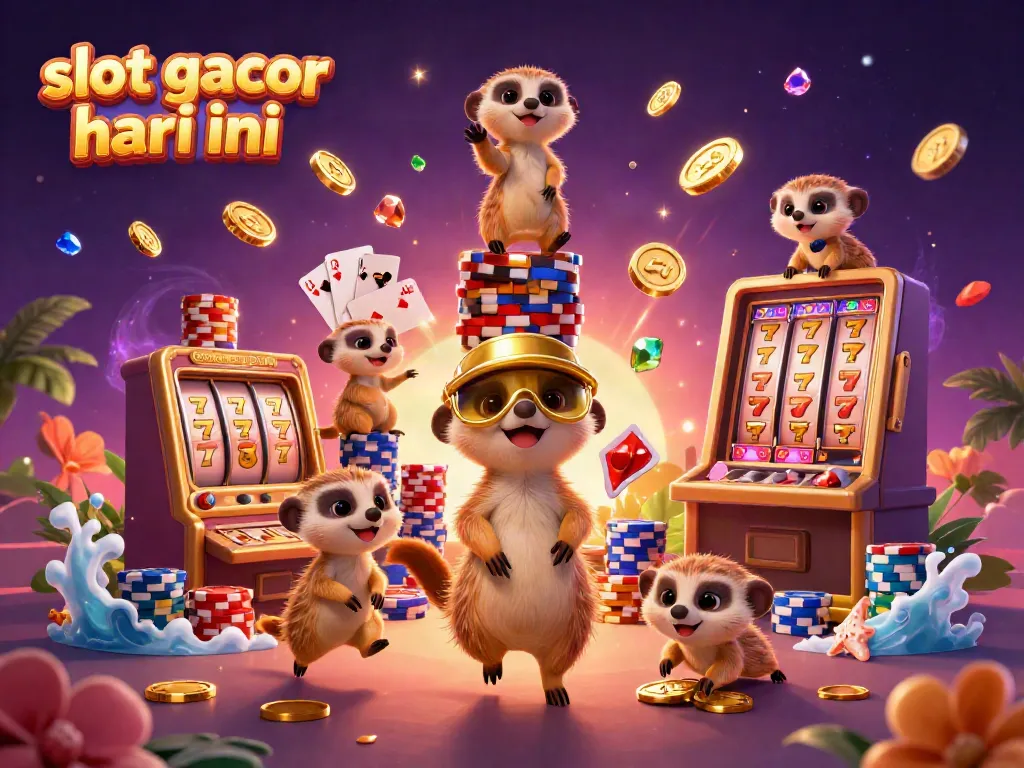 Ilustrasi 3D koloni meerkat bermain slot gacor hari ini dengan suasana menggembirakan dan harta karun berkilau.