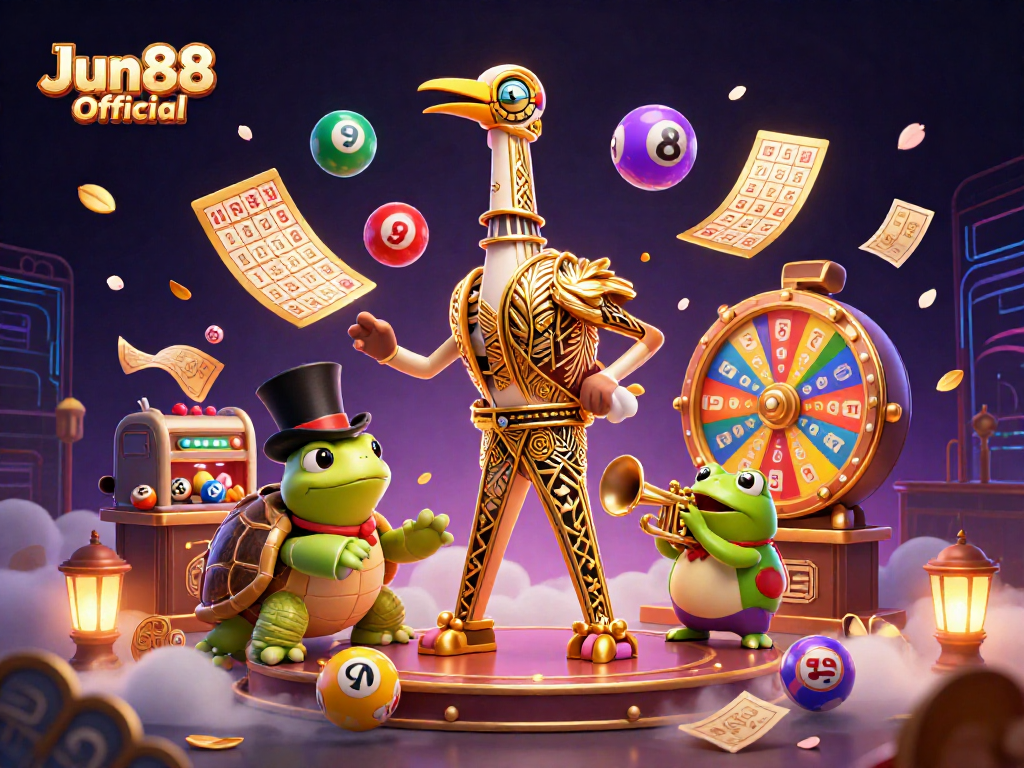 Engage with Jun88 Official at a lively casino scene filled with vibrant game elements and characters.