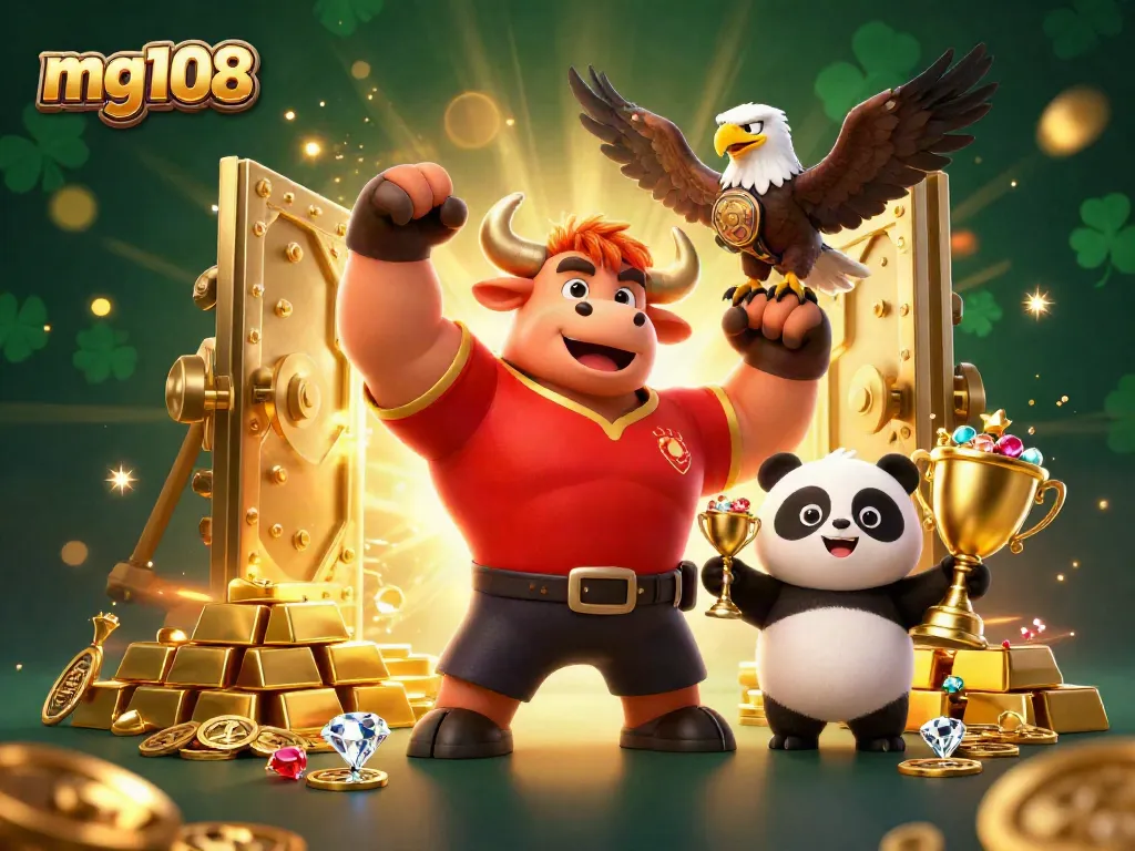 Menangkan jackpot dengan mg108, saat karakter casino merayakan peluncuran permainan baru.